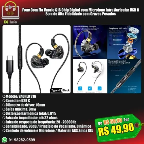 Fone Com Fio Vaorlo S16 Chip Digital com Microfone Intra Auricular 3.5mm / USB C
