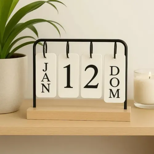 Calendário de mesa decorativo permanente base de madeira aramado preto