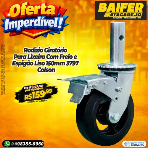 Rodízio Giratório Para Lixeira Com Freio e Espigão Liso 150mm 3797 Colson