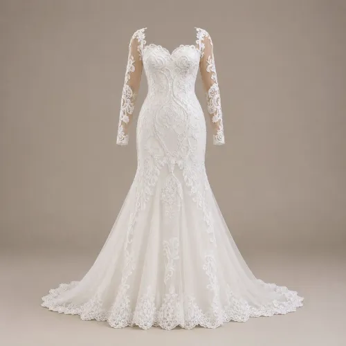 Vestido de Noiva Sereia com Manga Longa + Véu Bordado Personalizado + Caixa de Presente