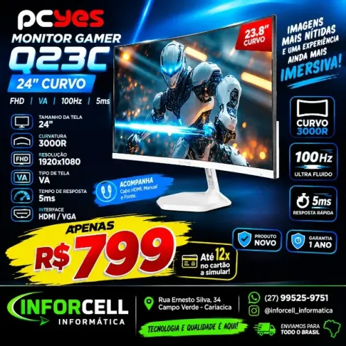 Monitor Gamer Pcyes Quartzo Q23C 23.8" Curvo Fhd 100Hz 5Ms Hdmi Vga Branco
