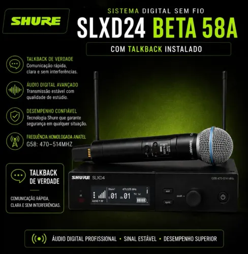 Microfone Shure SLXD24 BETA 58A COM TALKBACK INSTALADO