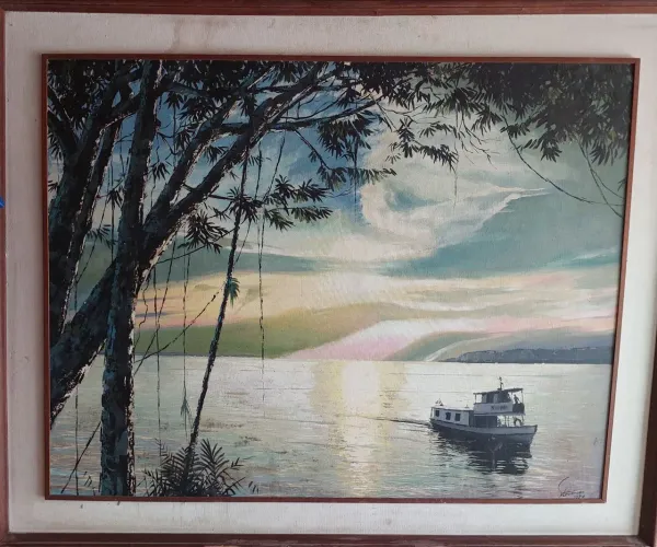 Tela assinada "Stevenson" - Paisagem com barco - 1978