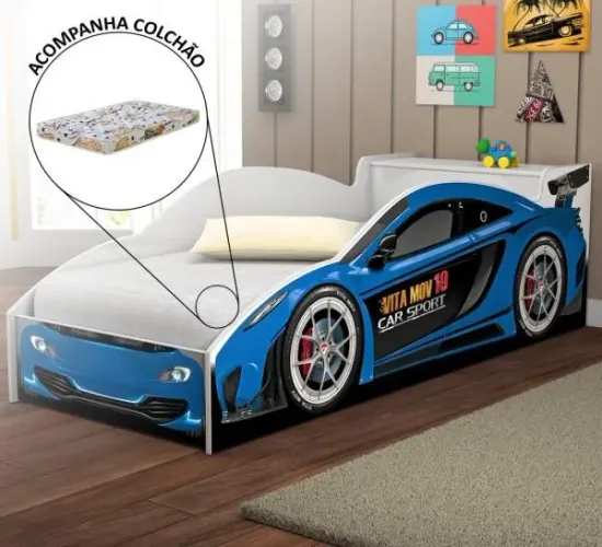 Cama carro solteirão com baú + colchão