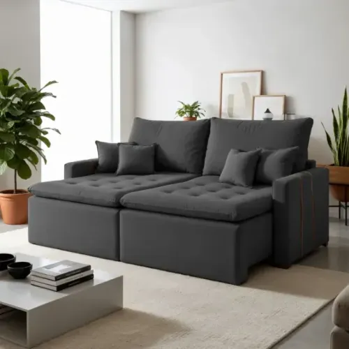 Sofá Cama 4 Lugares Linho Cinza Escuro