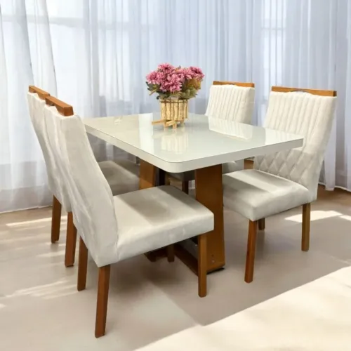 Mesa de Jantar 120 Amêndoa Clean/Off White com 4 Cadeiras em Madeira tt76