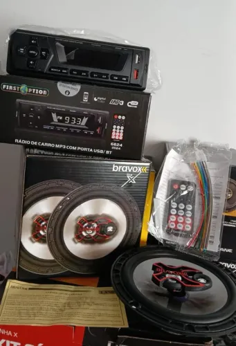 Kit Auto Rádio Som Mp3 Player First Option 6624 + Par Auto Falante Bravox