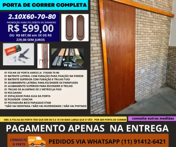 Porta com fechadura e batente de correr  cx completa  2.10 x 80 
