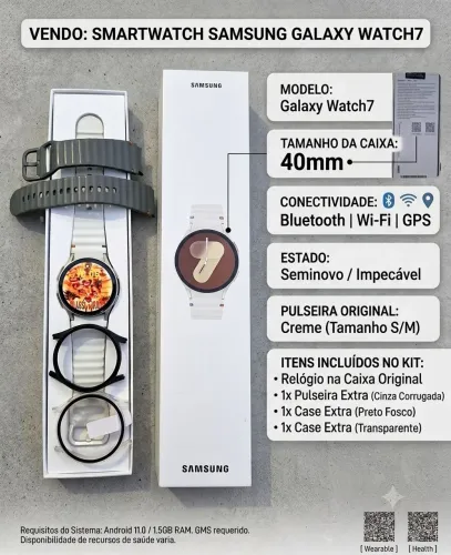 Samsung Galaxy Watch 7 Seminovo Completo na Caixa + Pulseira Extra e 2 Cases de Proteção!
