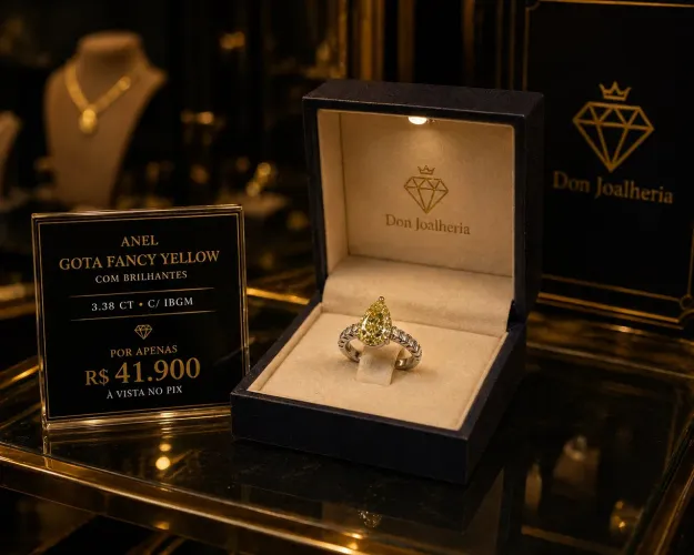 Anel Gota Fancy Yellow com Diamantes em Ouro 18K 750