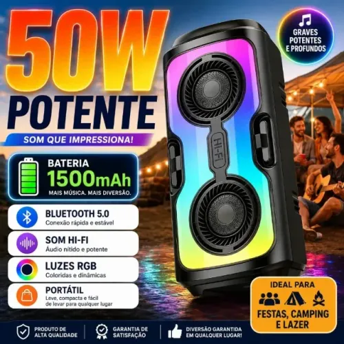Caixa de som Bluetooth 5.4 Portátil Longa Duração Com Led RGB Portátil FM USB TWS 50W