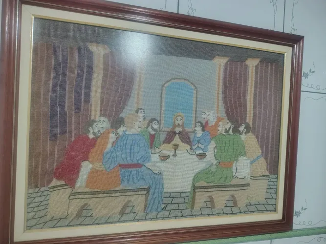 Quadro jesus e seus apóstolos feito de ponto cruz