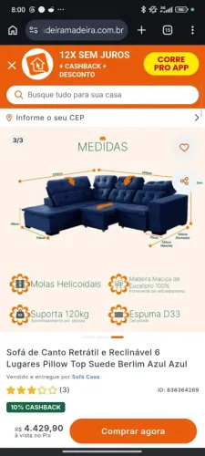 Uma parte do Sofá retrátil, 3 lugares.