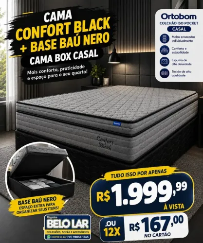 CAMA CONFORT BLACK + BASE BAÚ NERO ? ORTOBOM