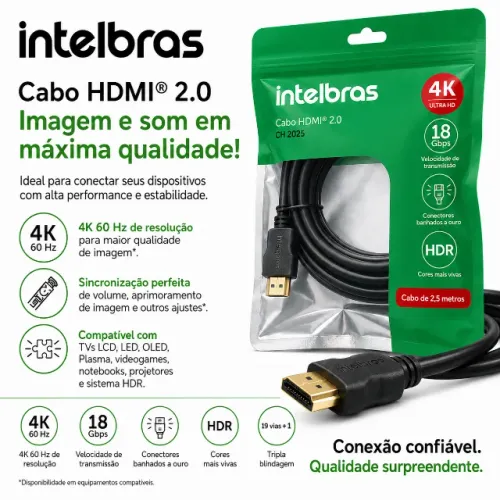 Cabo HDMI Intelbras 2,5m 2.0 4k Ultra Hd