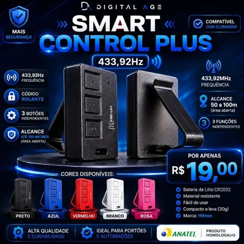 Controle Remoto Portão Eletrônico Smart Control Plus 433MHz Hitron