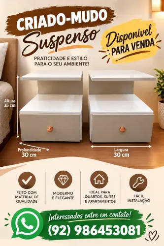 Criado-mudo suspenso disponível para venda! ? Moderno, compacto e perfeito para deixar seu