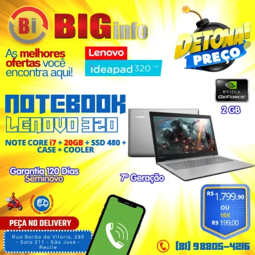 Notebook Lenovo IdealPad 320, i7, 20gb, 480 ssd, G Force 940mx 2gb - Em ate 10x Fixas
