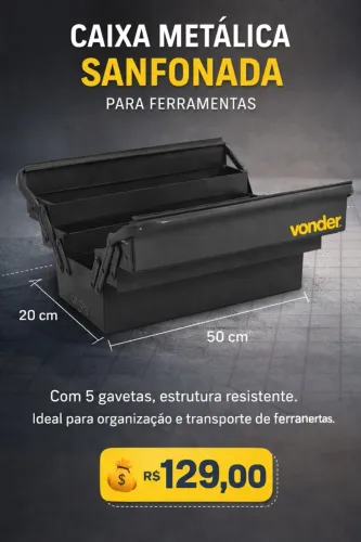 Caixa Metálica Para Ferramentas  5 Gavetas, 50 cm x 19 cm x 20 cm, VONDER