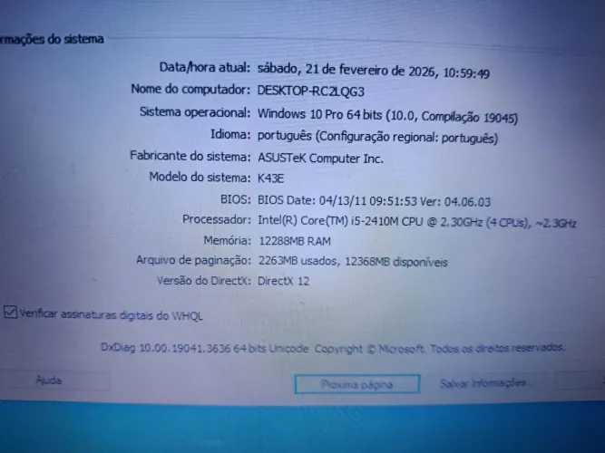 Notebook Asus core i5 12 gb memória ram HD 500 top bateria viciada 