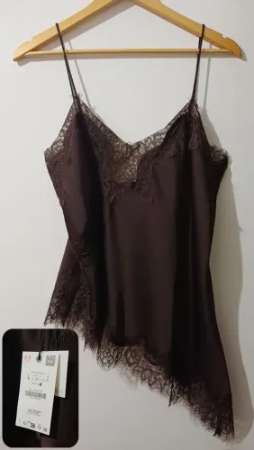 TOP ESTILO LINGERIE COM RENDA ZARA - Novo com etiqueta - Marrom Tamanho G