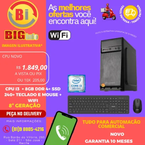 Computador CPU Intel Core i3 8GB ssd 240GB 8 Geracao excelente Desempenho - Garantia