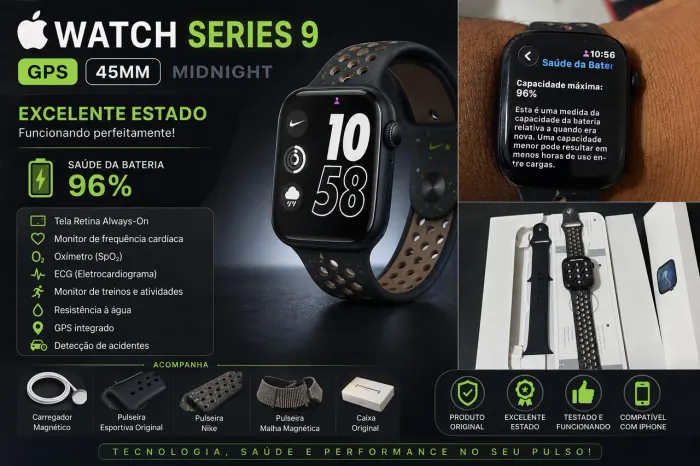 Apple Watch Series 9 GPS 45mm Midnight | Bateria 96% | Completo