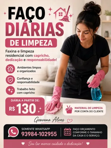 Diarista disponível, Valor a negociar dependendo do tamanho do serviço