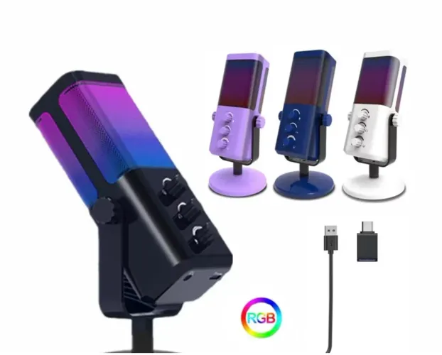 M7 USB Microfone Condensador RGB Gravação Live PC Gamer Gaming Para Tipo c