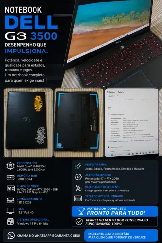 Dell G3 3500 Gamer | i7 10ª Geração | RTX 2060 6GB | 16GB RAM | SSD 512GB