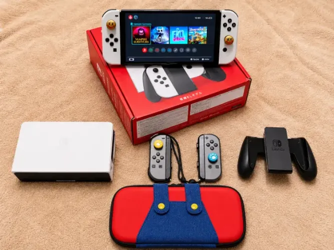 Nintendo Switch OLED 128GB Desbloqueado + Joy-Cons Extra + Case Mario + Caixa - Impecável