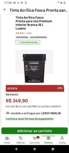 Tinta Acrílica Fosca Pronta para Uso Premium Interior Branca 18 L Luxens