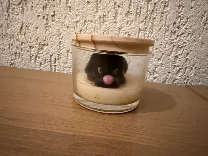 Vela Decorativa Cãozinho Preto no Copo com Tampa (Vitrine)
