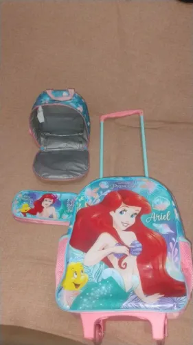 Kit Mochila de rodinhas, lancheira e estojo  infantil/pequena cereia
