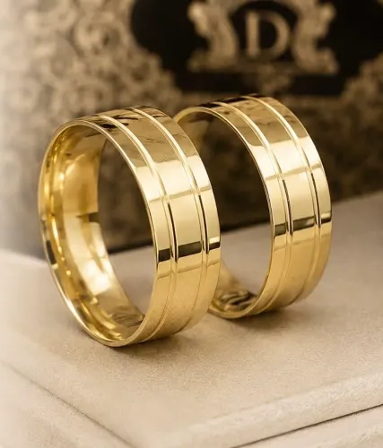 Par de Alianças 2 Frisos em Ouro 18k 750
