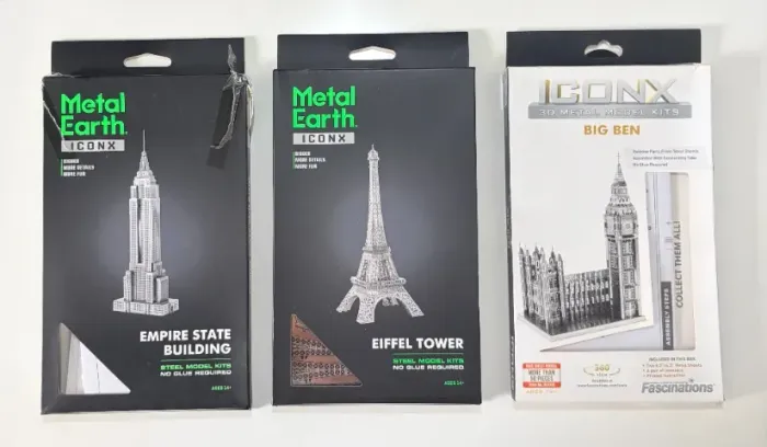 3 kits de Modelos 3D em Metal da ICONX - Torre Eiffel, Big Ben e Empire State Building 