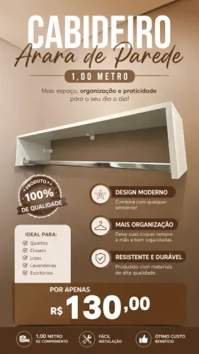 Cabideiro Arara de Parede 1 Metro Reforçado - R$130