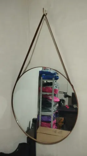 Espelho Redondo 60cm Couro Caramelo