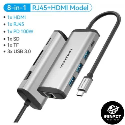 HUB Vention 8 em 1 Multifuncional Tipo C com Usb 3.0x3 Hdmi Rj45 Tf Sd Pd