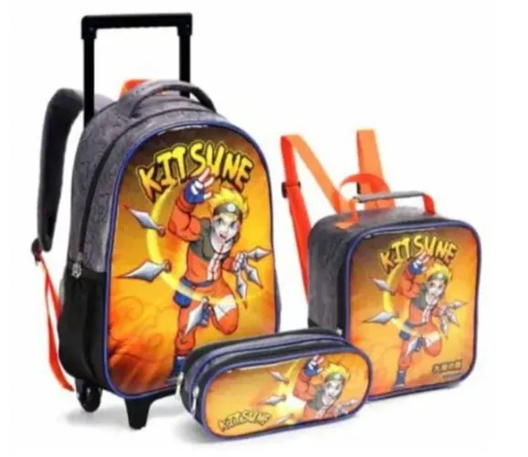 Kit Mochila Masculino Escola Infantil Rodinha Desenho Do Tecido Kitsune