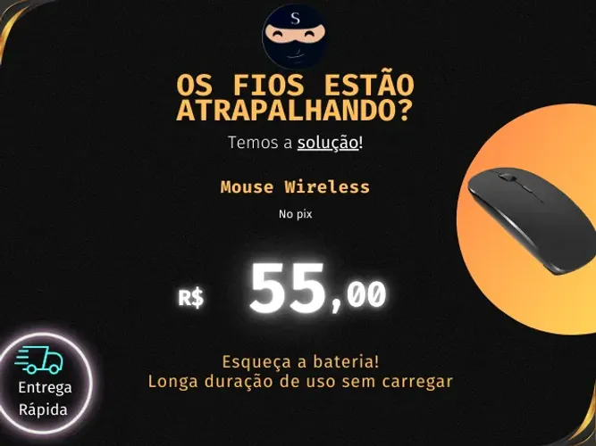 Mouse Sem Fio Recarregável Wireless, Novo, Preto