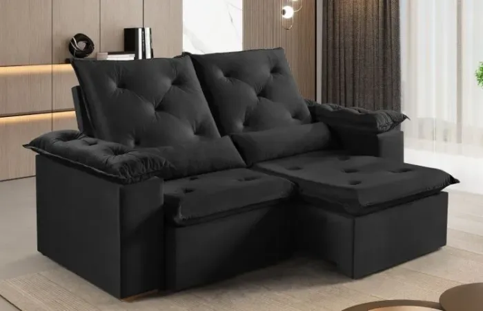 Estofado Retratil Reclinavel Opel 200 2x100 Pillow 20cm Veludo Suede Preto KM Decor SR