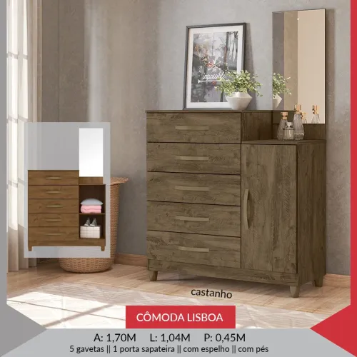Cômoda Lisboa com Espelho e Sapateira - Castanho
