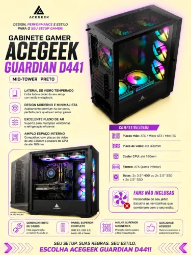 Gabinete Gamer Acegeek Guardian D441, Mid-Tower, Lateral de Vidro, Preto, (NOVO/LACRADO!)