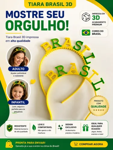 Tiara Brasil Copa do Mundo Impressa em 3D | Adulto e Infantil | Verde e Amarelo