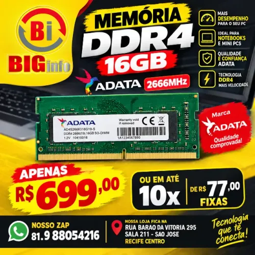Memória RAM DDR4 16GB 2666Mhz 1 Adata AD4S266616G19-SGN - Em ate 10x Fixas