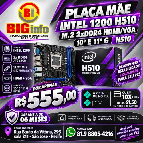 Placa Mãe G-h511, Socket Intel LGA 1200, Intel 10ª/11ª Geração - Em ate 10x Fixas