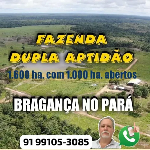 Fazenda de dupla aptidão com 1600 hectares em Bragança - PA