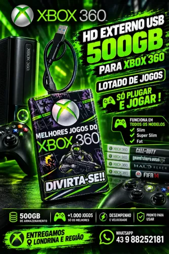 Hd Externo Para Xbox 360 500gb Com +100 Jogos Plug And Play!!!