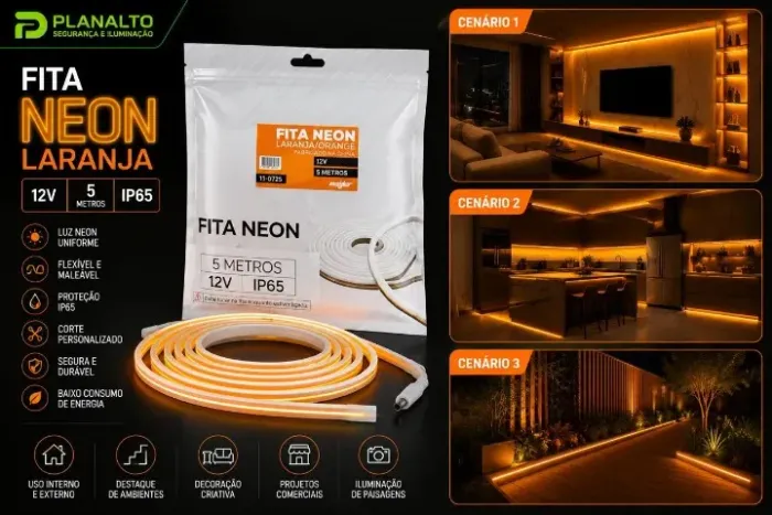 Fita neon 12v Laranja 5 metros flexivel (*Nova) 